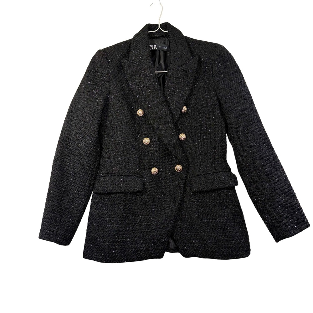 Zara Black Tweed Metallic double Breast Blazer Gold Crest Buttons XS